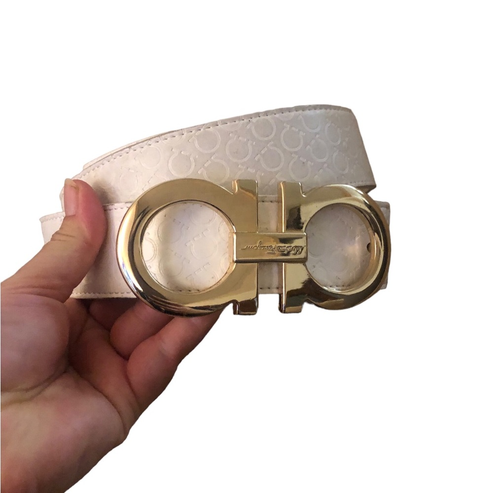 Vintage Ferragamo white and gold logo leather belt